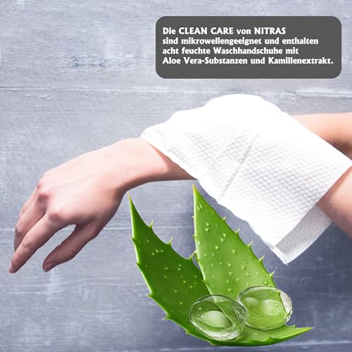 Nitras Clean Care Feuchte Einmal Waschhandschuhe mit Aloe Vera & Kamille für Gesicht, Körper, Hände - 8 besonders weiche & erwärmbare Tücher Größe 23 x 14 cm (3)