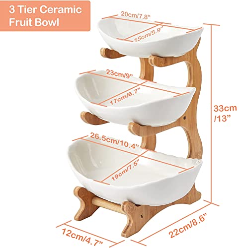 Jollebone 3 Tier Ceramic Fruit Bowl With Bamboo Wood Stand, White Kitchen Fruit Basket Stand Fruit Serving Tray Set For Vegetable Storage, Snack Dessert Cake Candy Tray Plate Holder #TOP1