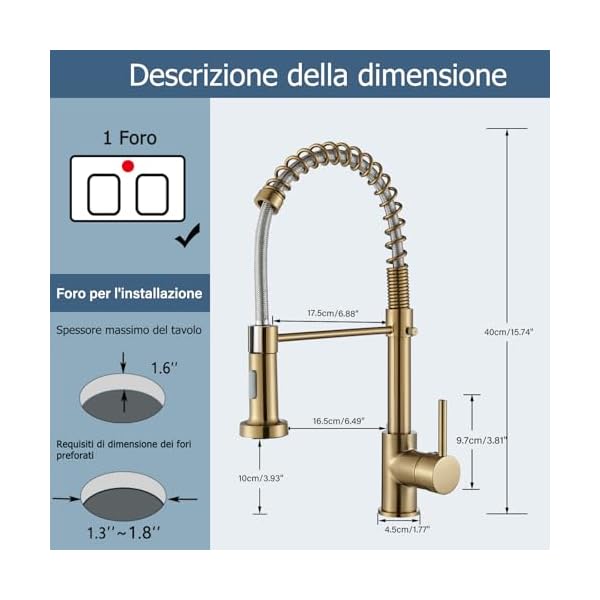 JUNSHENG Mitigeur de cuisine avec douche extractible, mitigeur de cuisine pivotant à 360 °, monocommande, acier inoxydable, or brossé