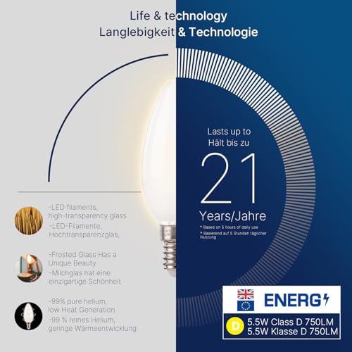 FLSNT E14 LED Light Bulb 60W Equivalent 4000K Cool White, 5.5W C35 Small Screw Light Bulb, B11 SES E14 Bulb 750LM, Non-Dimmable, Pack of 6 - Image 4