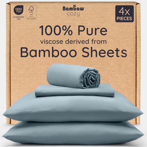 Bambaw Queen Sheet Set – 4pcs 100% Viscose Derived from Bamboo Sheets Set, Cooling Sheets for Night Sweats, Soft, Hotel Luxury, 16'' Deep Pockets (Dusty Blue)