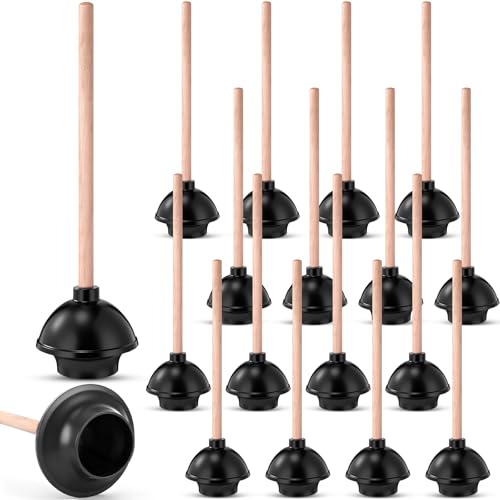 Reallnaive 20 Pack Heavy Duty Toilet Plunger Bulk with 17 Inch Long Handle for Bathroom Dual Thrust Force Suction Cup Rubber Toilet Bowl Plunger with Wood Handle Clogged Solution for Hotel Drain Clogs