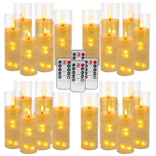 Image of 24 Pcs LED Flameless Candles with Remote, 3D Flickering Flame & LED String Lights, Acrylic Clear Cylinder, Timer Function, Romantic Ambience for Home Decor, Party, Wedding (Ivory).