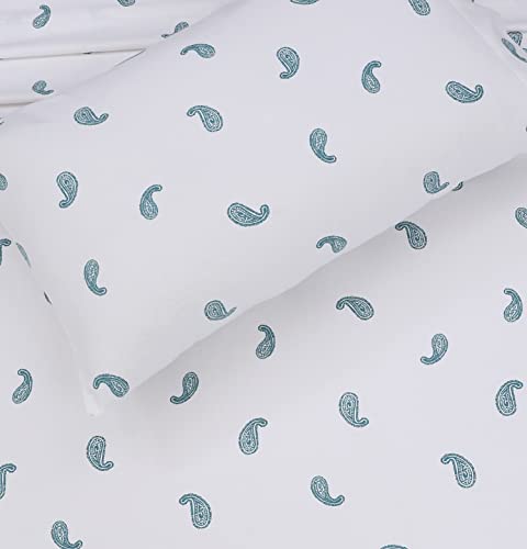 Ruvanti 100% Cotton 4 Pcs Flannel Sheets King, Deep Pocket, Warm, Super Soft, Breathable, Moisture Wicking Sheets For King Size Bed Include Flat, Fitted Sheet, 2 Pillowcase. Paisley White, Teal #TOP4