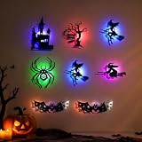 Confezione da 8 adesivi da parete a LED per Halloween, decorazioni spettrali con retroilluminazione colorata, motivo ragno, strega, pipistrello, fantasma, zucca, per interni e casa