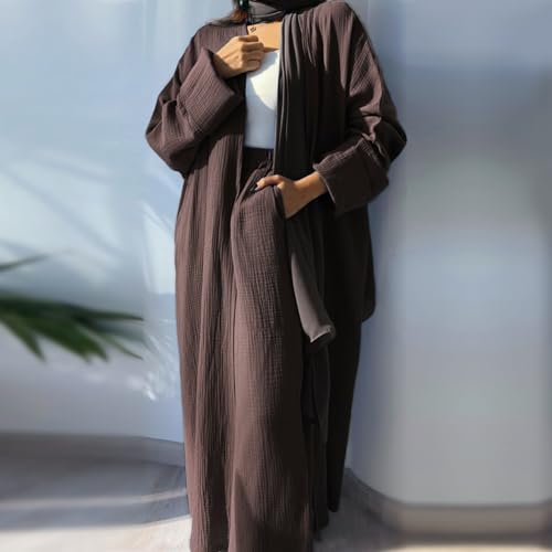 Image of Open Abayas Kimono Muslim Women Cardigan Maxi Dress and pants Set Islamic Clothing Dubai Saudi Robe