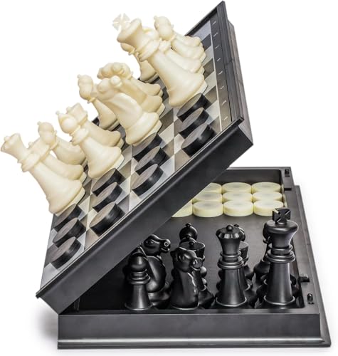 Image of Imports 2-in-1 Magnetic Chess & Checkers Board Game | 12-Inch Folding Travel Set | Portable Strategy Game for Kids & Adults