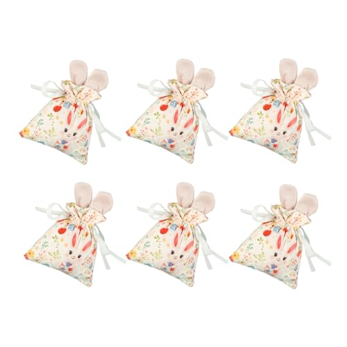 Pack of 6 Rabbits Themed Drawstring Bags for Chocolate Candy Party Decoration Gift Wrapping Organization Pouches Easter Rabbits 