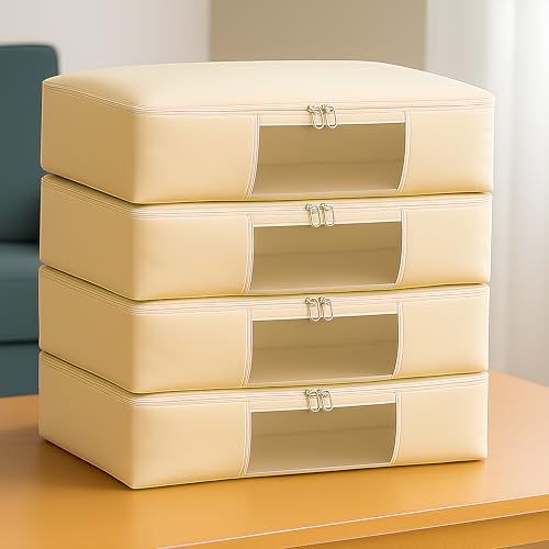 Image of Pack of 4 Cotton Canvas Clothes Storage Bags /Saree Covers with Zip for Storage Specially Design for Woman Dresses, Sarees, Lehengas for Wardrobe Organizer (16 x 13 x 3 Inch)
