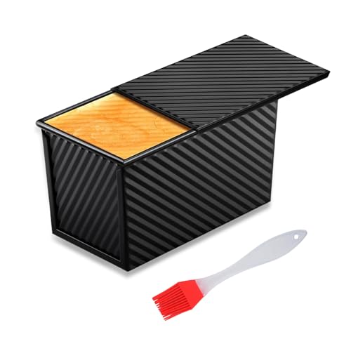 CLKUEH Loaf Tin with Lid 1lb (450g) Pullman Bread Tin with Silicone Brush Non Stick Loaf Pan with Slide Cover Carbon Steel Toast Bread Pan for Baking Cake Toast Breads (21x12x11.7cm) Black