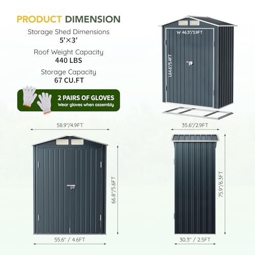 Image of Breezz 5x3FT Vertical Outdoor Steel Storage Shed with Floor Frame, Lockable Doors, Compact Metal Tool Shed for Garden, Backyard, Patio, Utility, and Bike Storage,Nightblue