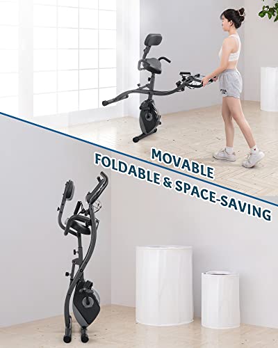 Exercise Bike 3-in-1 Folding Stationary Bike Recumbent Exercise Bike Slim Cycle Seated Portable with Adjustable Arm Resistance Bands/LCD Monitor and Pulse Grip Outdoor Indoor