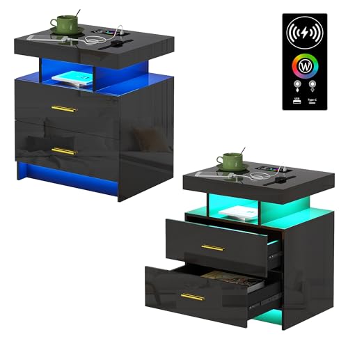 HNEBC Night Stands Set 2 with Charging Station for Bedroom, Auto LED Nightstand with Wireless/USB Port, Modern Bedside Tables has 24-Color Lights, Side Tables with 2 Drawer for Bedroom Black