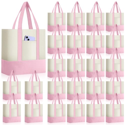 Sanwuta 24 Pcs Mini Canvas Tote Bags Bulk with Pocket, Pink