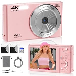 2025 Upgrade Digital Camera,Digital Camera 4K 44MP, Compact Point and Shoot Digital Cameras for Teens with 16x Zoom, 64 GB SD Card, Vintage Digital Camera for Kids Boys Girls (Pink)