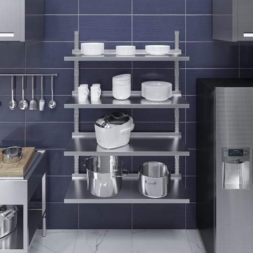 Image of AmGood 16 in. x 48 in. Four-Tier Metal Wall Mount Shelf | Staunless Steel Shelving for Commercial Kitchen, Closet, Garage, Pantry, etc