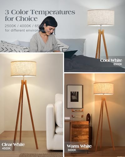 elyona nordic wood tripod floor lamp modern reading standing lamp for living room 3 color temperatures led bulb included flaxen lamp shade boho natural wooden floor lamp for bedroom office kids room