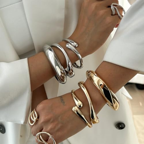 Image of MTINEAPS Gold Bangle Bracelets for Women Teens Trendy Chunky Adjustable Twist Cuff Bracelet Jewelry Gifts (Silver-3 Sets)