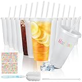 12 Pack 710ml Reusable Plastic Cups with Lid Straws Letter Stickers and Cleaning Brushes , Glitter Water Cold Coffee Tumber for Birthday Hen Do Party Travel Beverages Drinking (Glitter Transparent)