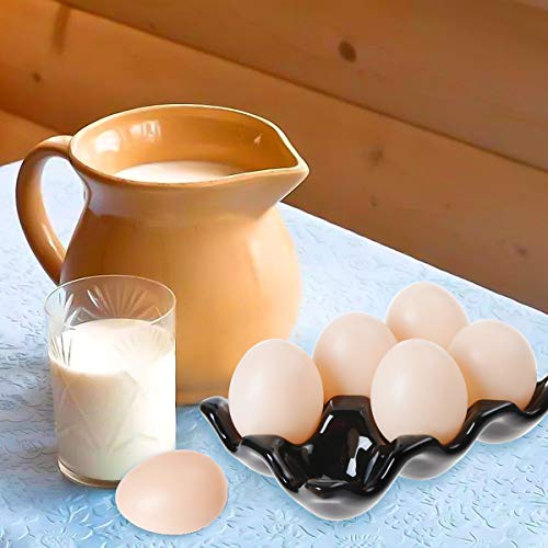 Ceramic 6 Cups Egg Tray - Half Dozen Porcelain Egg Holder Container Keeper Storage Organizer Decorative Serving Dish Plate for Refrigerator Fridge Countertop Display Kitchen Home (Black)