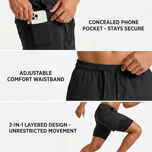 Image of Boldshark Men's 2-in-1 Running Shorts with Inner Compression Layer, Quick-Dry Sports Shorts with Phone Pocket for Gym, Running & Training