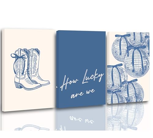 3 Pcs Blue Coastal Cowgirl Canvas Wall Art Disco Bows