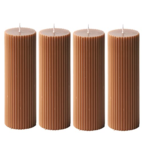 Sense Island Ribbed Pillar Candles 2X6'' Inches Tall Brown Fluted Column Modern Home Décor Soy Wax Handmade Unscented cover
