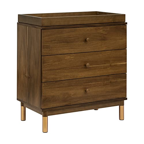 Image of Babyletto Gelato 3-Drawer Changer Dresser with Over 10-Inch Drawer Depth and a Removable Changing Tray in Natural Walnut and Brushed Gold Feet, Greenguard Gold Certified