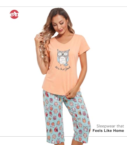 Image of ENJOYNIGHT Womens Pajama Sets Cotton Pj Set Short Sleeve Top With Capri Pants Sleepwear 2 Piece Lounge Set