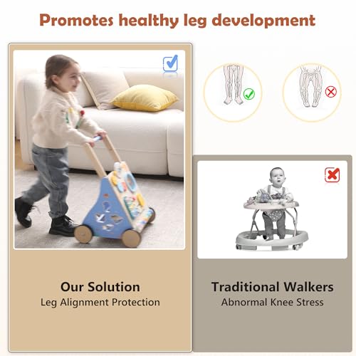 Image of Wooden Baby Walker, Baby Push Walker with Montessori Toy for Girls Boys, Toddler Walking Toys for 18 Months of Age and Over Learning to Walk, Sit-to-Stand, Baby Activity Center for Kids Development
