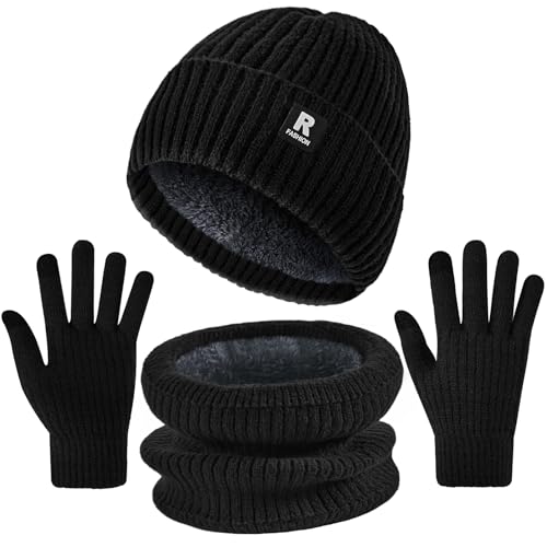 Winter Beanie Hat Circle Scarf Touchscreen Gloves Set, Skull Cap Gloves Neck Warmer Set with Fleece Lined for Men Women, Black Vertical Stripes