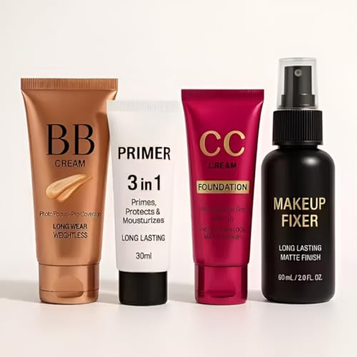 4 In 1 Combo Kit – BB Foundation & CC Cream, Primer, & Makeup Fixer (Setting Spray) – Ideal for Face Makeup – Complete Makeup
