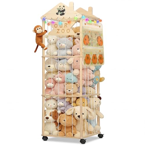 Stuffed Animal Storage, Extra Large Stuffed Animal Organizer with Wheels, Wooden Tall Animal Zoo Display Tower, Plushies Toy Holder with Lights and Pockets for Nursery, Playroom, Bedroom