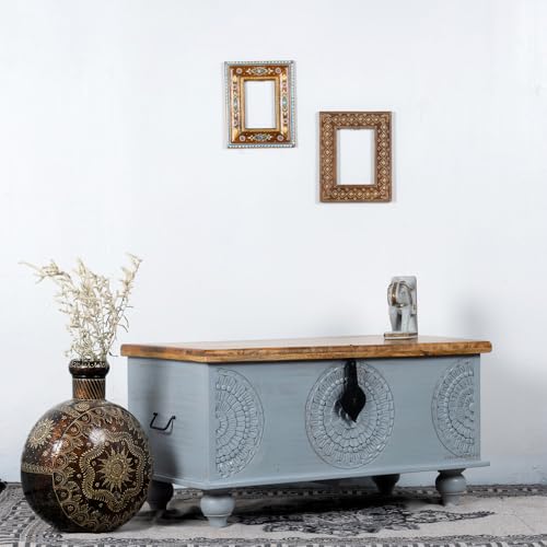 Rafi Wooden Trunk Box for Storage | Solid Wood Coffee Table for Living Room | Center Coffee Table with Storage | Front Wooden Carved Sandook Pitara for Home Decor & Bedroom (Grey Distress)