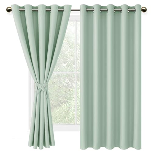 DWCN Blackout Curtains with Tiebacks for Bedroom Thermal Insulated Solid Eyelet Curtains for Living Room,2 Panels,66" Wide x 72" Drop Bean Green