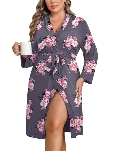 Image of Ekouaer Women Plus Size Robe Knee Length Lightweight Bathrobe Short Kimono Robes with Pockets Maternity Robe