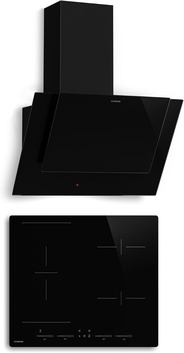 Klarstein HaloSync Placa de Inducción con Extractor Integrado - 4 Zonas, 8400W Boost, Control Táctil, Campana 631,6 m³/h, Temporizador, Bloqueo Infantil, 60cm, Vitrocerámica Negra