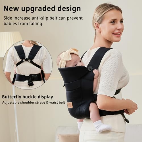 vrbabies Babytrage für Neugeborene ab Geburt,Ergonomische,mit Verstellbarer Gürtel,Baby Bauchtrage Rückentrage,Leicht＆Atmungsaktiv-4-15kg(Schwarz - mit Gürtel)