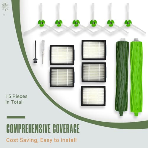 Accessory Kit for iRobot Roomba Series i/e i7 i7+ i6 i6+ i3 i3+ i8 i8+ i4 i4+ i5 i5+ i2 i2+ i1 i1+ e5 e6 – 1 rubber brush, 5 HEPA filters, 6 side brushes