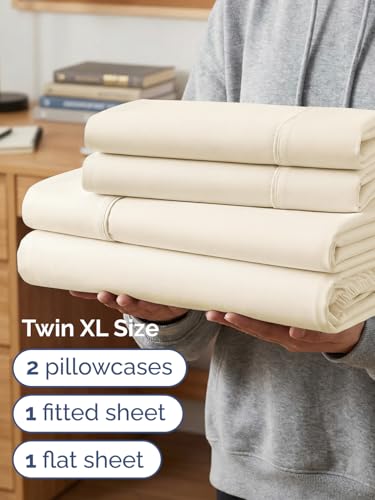 Image of Extra Deep Twin XL Sheet Set - 4 Piece Breathable & Cooling - Off White | Hotel Luxury Bed Sheets Set, Easy & Secure Fit, Ultra-Soft, Wrinkle & Fade Free, Comfy Sheets Set with Extra Deep Pockets