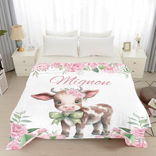 Image of Personalized Highland Cow Name Blanket, Customized Cow Gifts for Girls,Highland Cows Decoration, Animal Floral Print Stuff Item,40 inchx50 inch for Kids