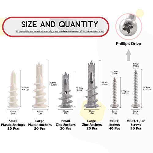 Hilitchi 160-Pieces Large/Small Zinc Plastic Self Drilling Drywall Hollow-Wall Anchor Assortment Kit #TOP1