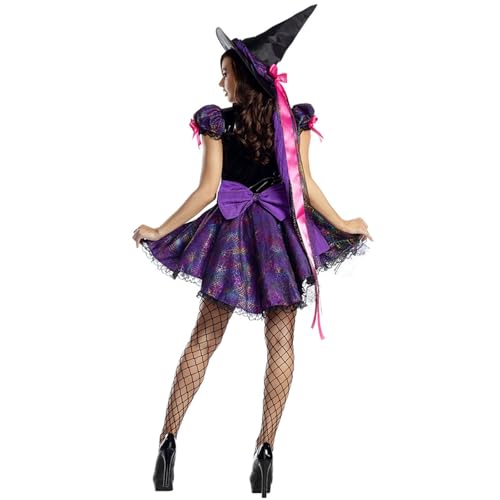 Costume d'Halloween pour adultes et femmes à porter en soirée sorcière avec chapeau