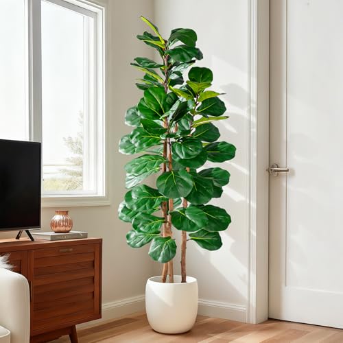 Image of Artificial Fiddle Leaf Fig Tree 5FT, Faux Fig Tree Indoor with Natural Wood Trunk & Realistic Leaves with Moss Pot Fake Ficus Tree Large Faux Floor Plant for Living Room Home Decor, House Plant