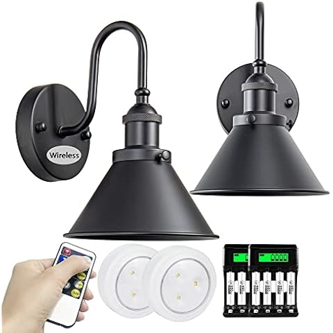 SLYWISE Farmhouse Battery Operated Wall Sconces Set of Two with Remote, Industrial Black Wall Sconces, Indoor Not Hardwired Wall Mount Lamp Fixtures for Bedroom, Easy to Install, Batteries Included Cover