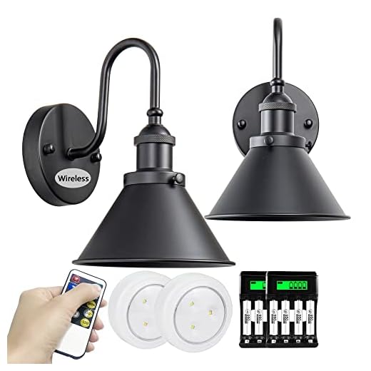 SLYWISE Farmhouse Battery Operated Wall Sconces Set of Two with Remote, Industrial Black Wall Sconces, Indoor Not Hardwired Wall Mount Lamp Fixtures for Bedroom, Easy to Install, Batteries Included