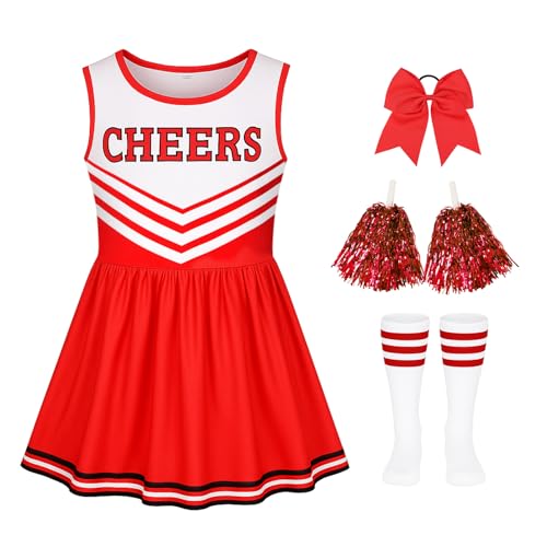 LiuSuper Cheerleader Costume for Girls, Bow&Poms&Socks, Halloween Kids Cheerleading Outfit High School Cheer Leader Dress Up