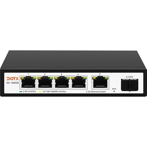 DOTX 2.5G Ethernet Switch 5 x 2.5G Base-T RJ45 Ports with 1x 10G SFP+ Fiber Ports, Compatible with 100/1000/2500Mbps, Metal Fanless, 2.5Gbe Network Switch,Plug and Play