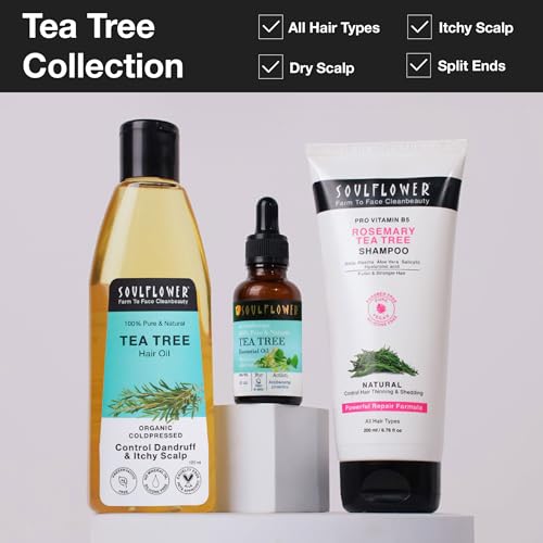 Image of Soulflower Tea Tree Hair Oil | Hair Growth, Scalp Nourishment, Anti Dandruff | Pure, Natural, & Cold Pressed | Tea Tree Essential Oil, Castor, Sesame, Olive & Jojoba Oil | 120ml