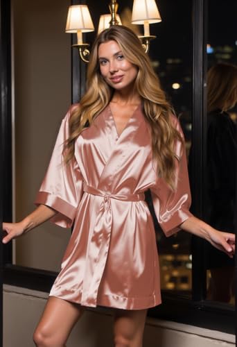 Image of Turquaz Women's Silky Satin Kimono Robes for Bridesmaids, Bride, Short Loungewear, Lingerie Dressing Gown Silk Like VS Robe